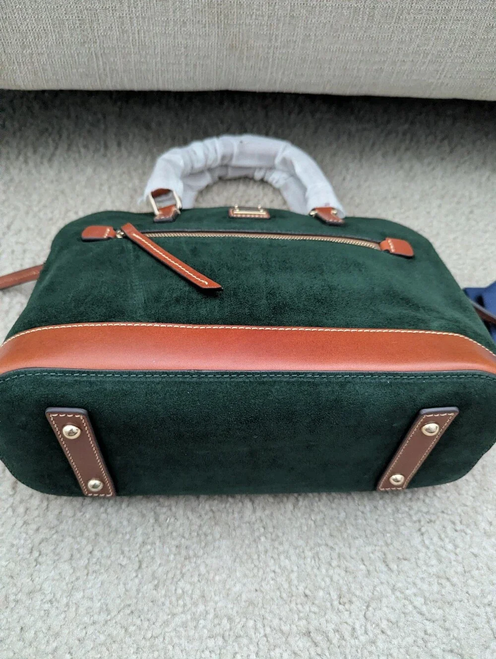 Dooney & Bourke Green Ivy Suede and Brown Leather Dome Zip Satchel